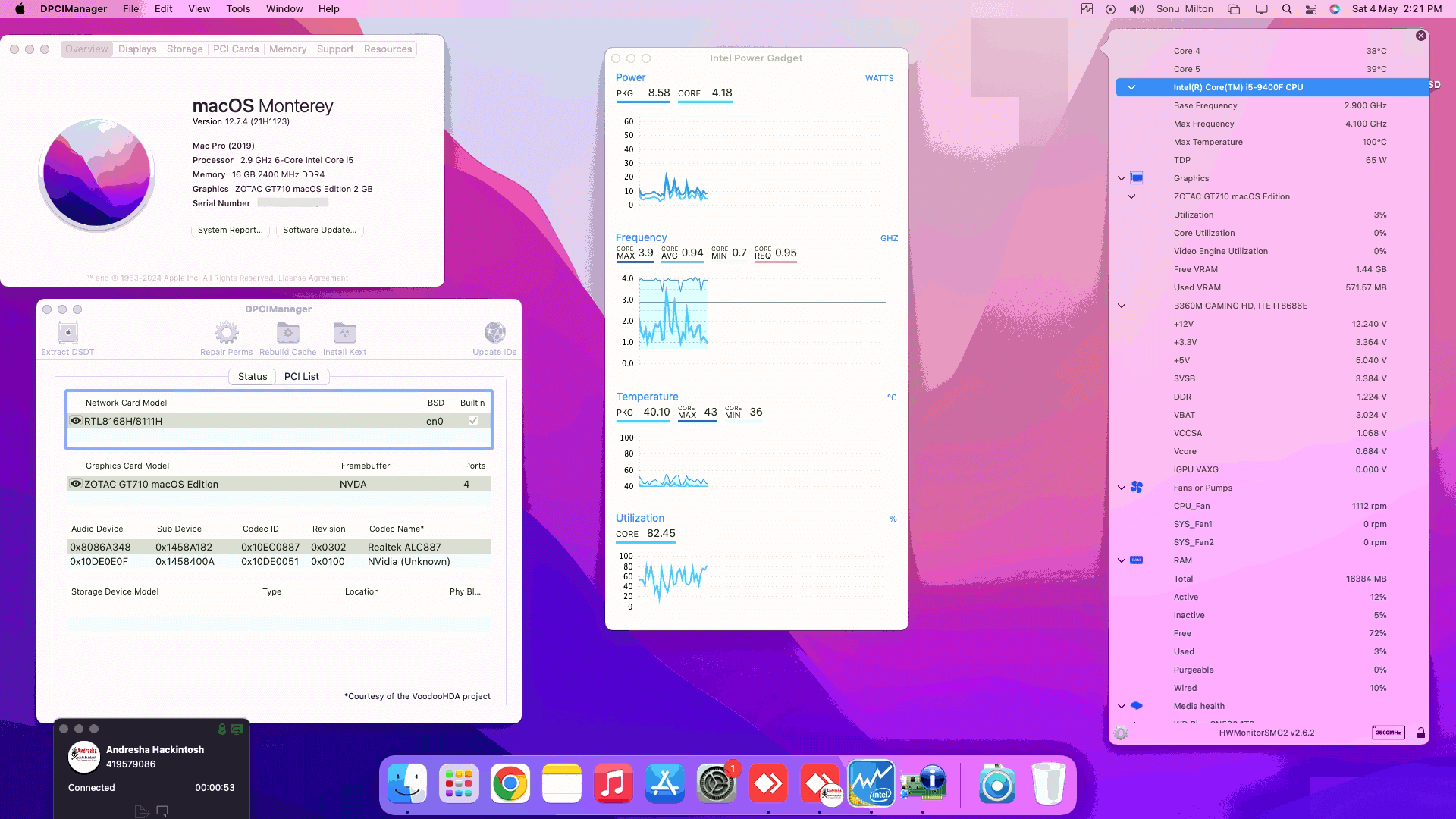 Success Hackintosh macOS Monterey 12.7.4 Build 21H1123 in Gigabyte B360M Gaming HD + Intel Core i5 9400F + Zotac GT 710